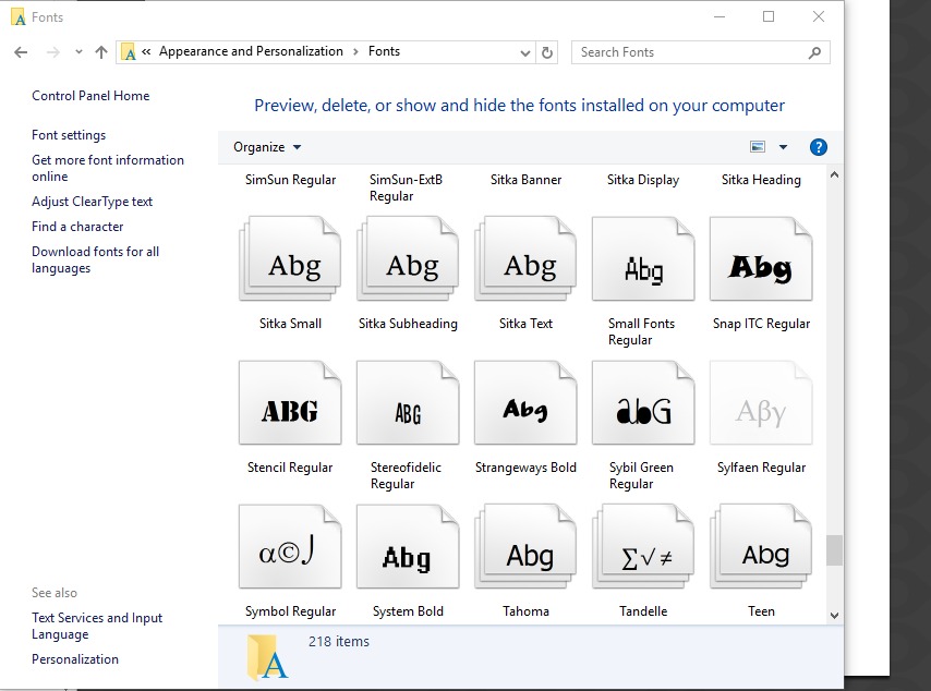 Personal computer screenshot showing fonts panel under appearance and personalization in control panel