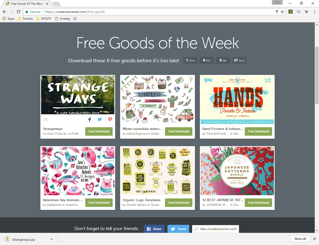 Free Goods of the week section on Creative Market screenshot showing lots of fonts