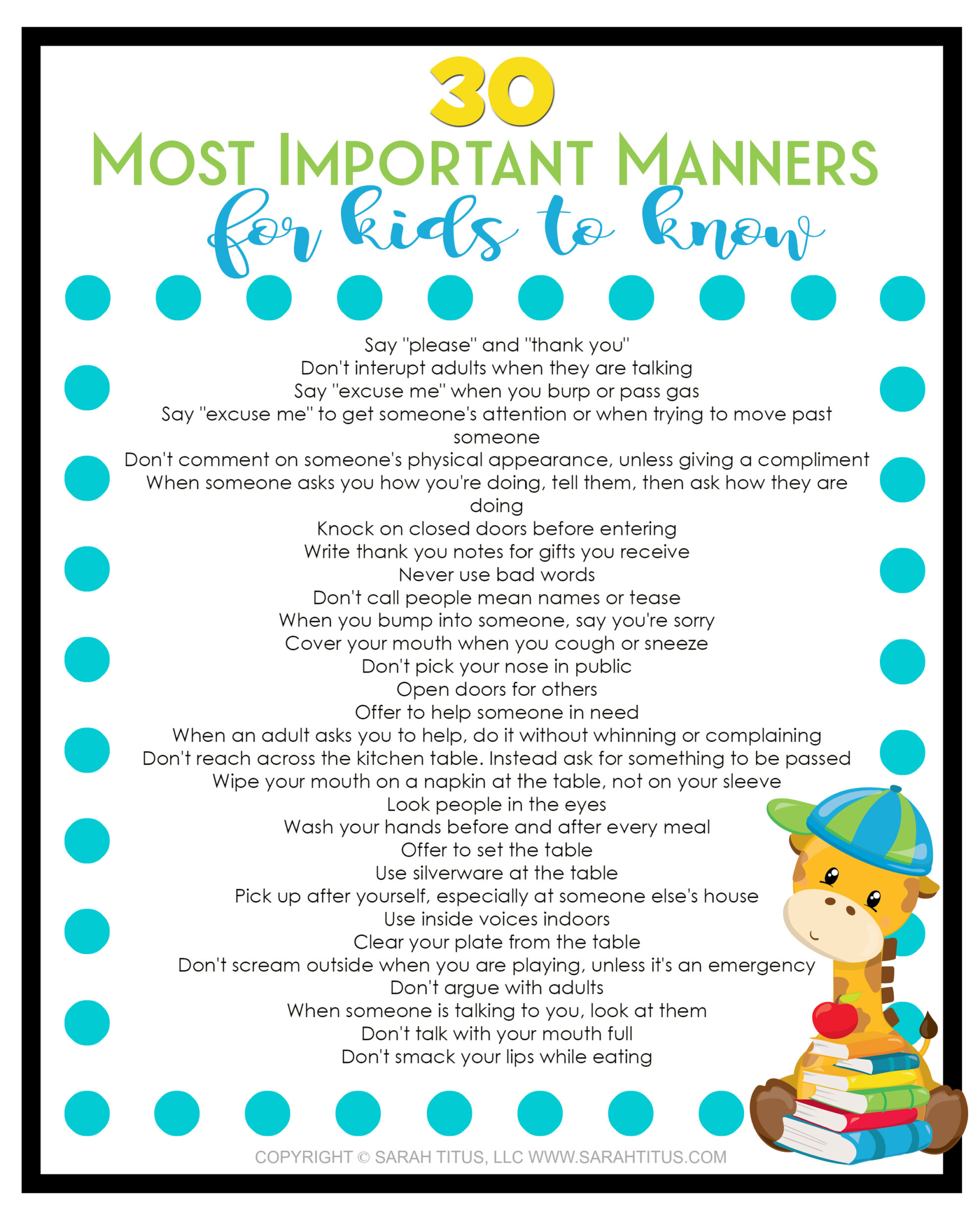 This 30 most important manners for kids to know free printable is so cute! I wish I had it when my kids were babies.