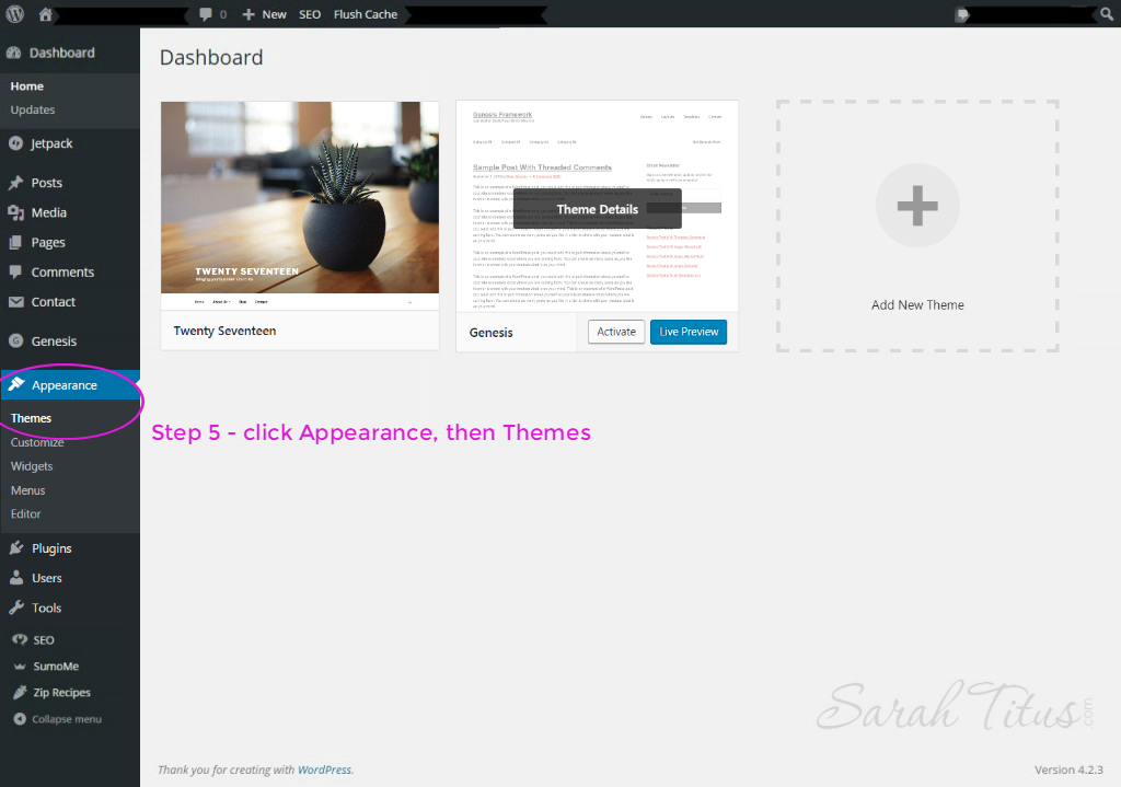 Wordpress dashboard theme page for viewing uploaded themes on mom blog
