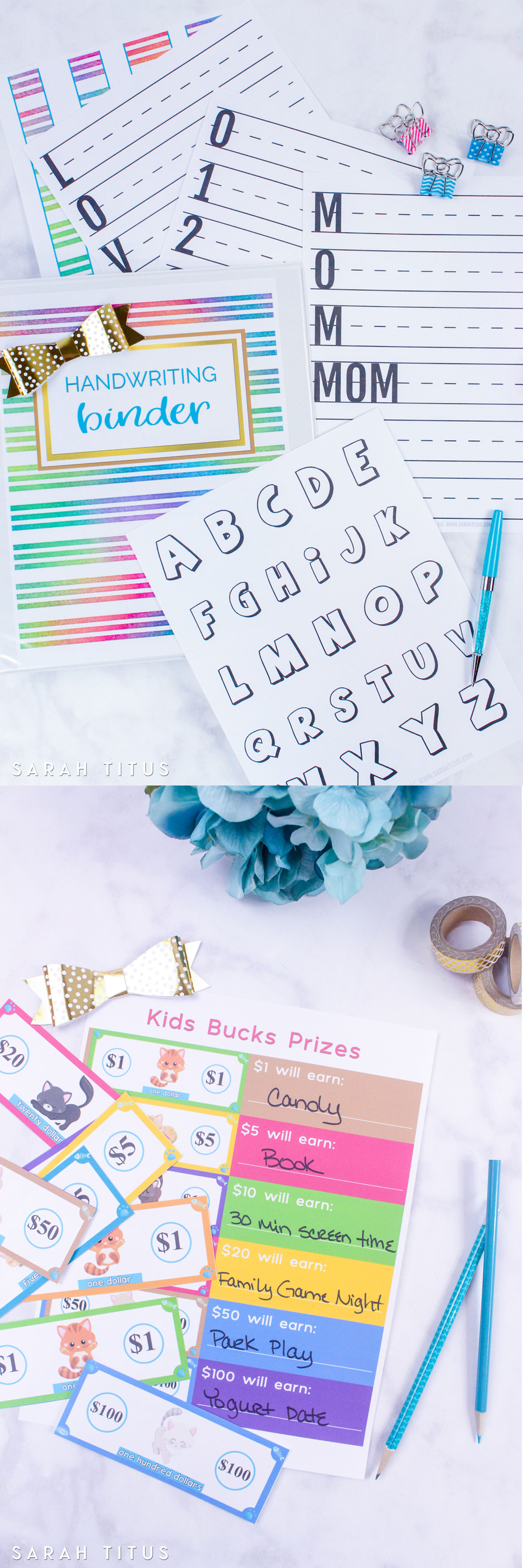 250+ page Handwriting Binder printables set includes, capital letters, lowercase letters, numbers, coloring pages, Kids Bucks rewards system...and more!