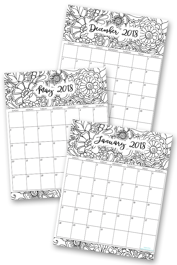 2018 Monthly Coloring Calendars Printables