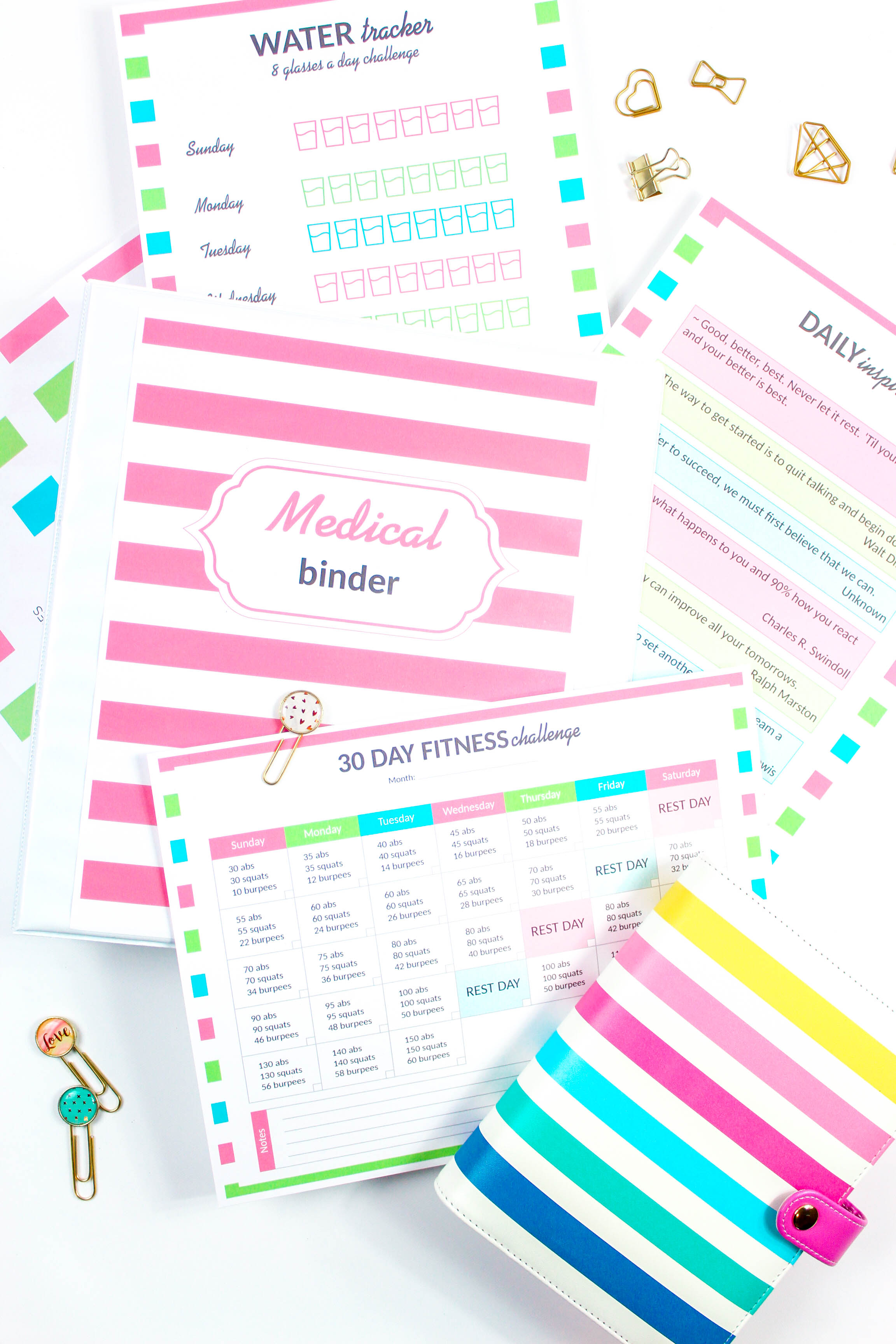 This Medical Binder has EVERYTHING you need with over 40 pages, from medical information, weight loss tracker, personal workout plan, fitness challenge, daily inspiration, family health history, and much, much more!