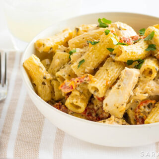 Chicken dishes are a staple for dinner. When you add pesto and pasta to the equation, you have a celebration for dinner! You have to try this scrumptious Creamy Pesto Chicken Pasta! #Chicken #ChickenAndPasta #Pasta #Pesto #DinnerIdeas