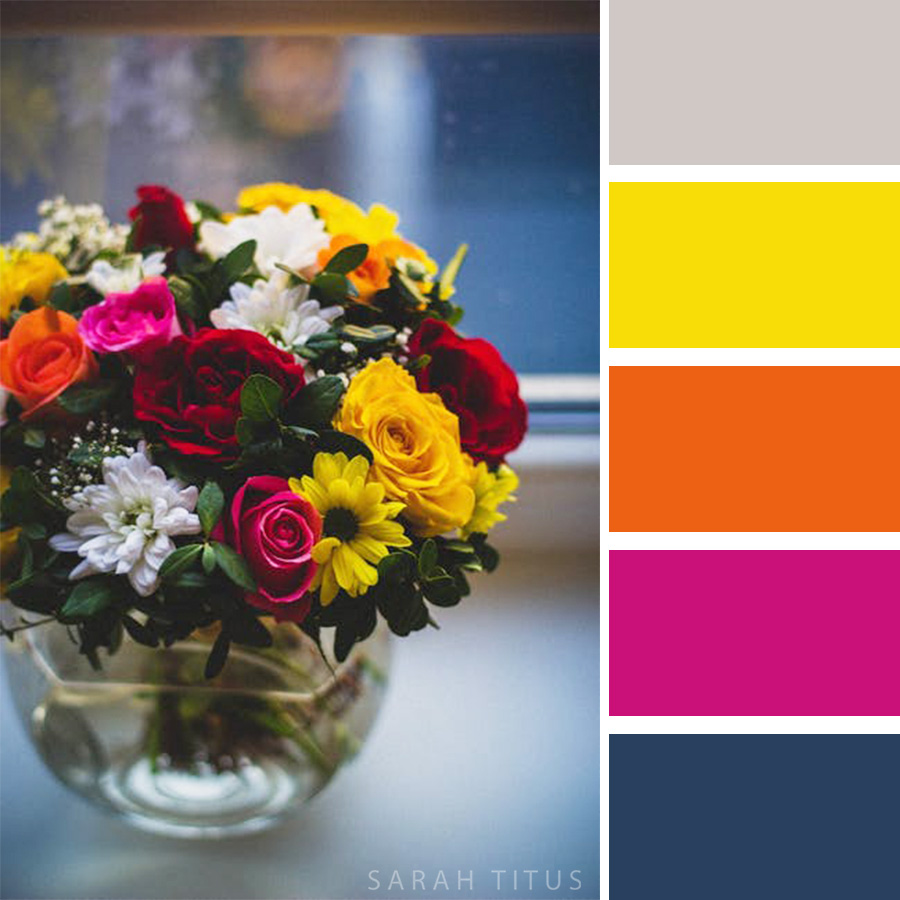 Beautiful Red, Yellow, White and Pink Flower Arrangement Color Palette