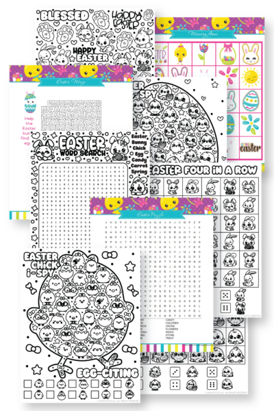 A flat lay of various 2026 Easter printables including a word search, maze, I-Spy, and coloring pages with cute bunnies and chicks.