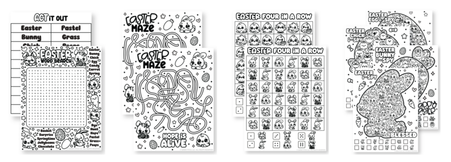 Cute black and white Easter printables collection featuring an act it out game, Easter word search, Easter maze, Easter four in a row, and Easter I-Spy activity pages with kawaii bunny and chick doodles.