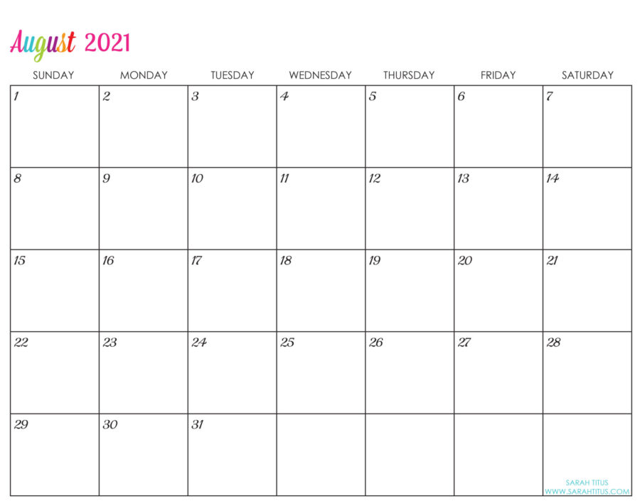 Custom Editable 2021 Free Printable Calendars - August