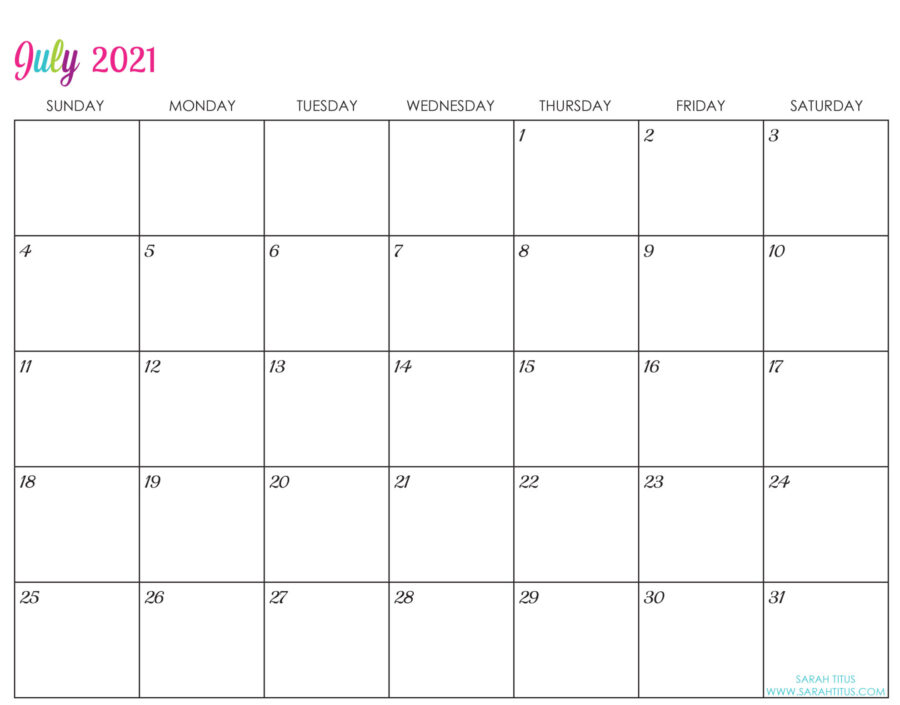 Custom Editable 2021 Free Printable Calendars - July