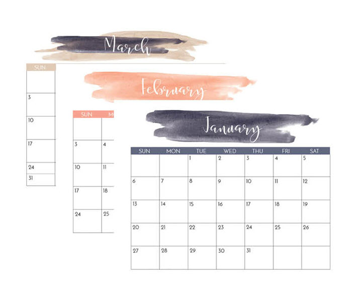 This navy and blush watercolor calendar would make the perfect wall hanging to decorate your office space.