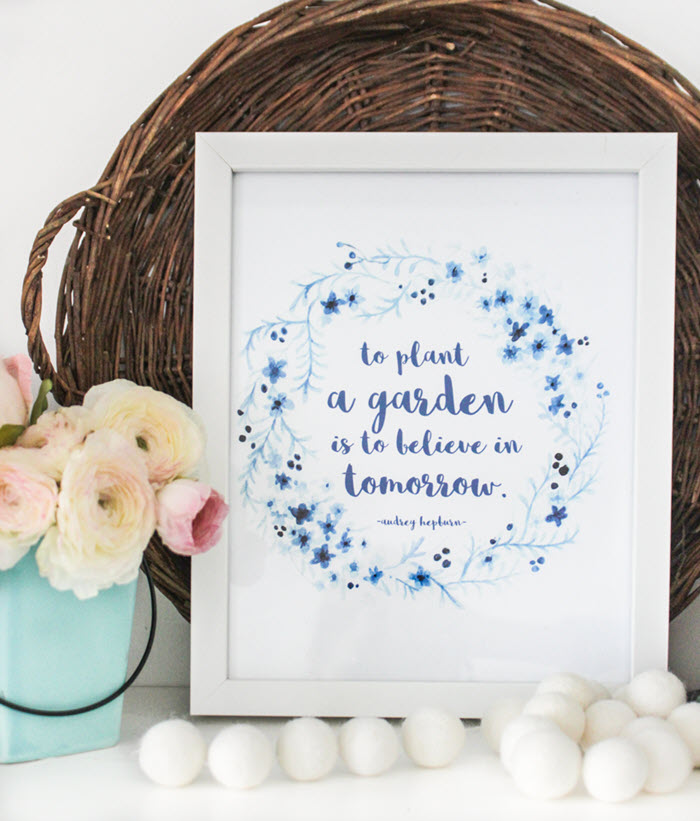Frame and hang this beautiful floral art to decorate for spring in the most frugal manner. Love the Audrey Hepburn quote!