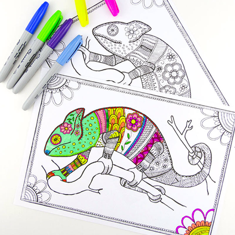 These chameleon coloring pages are super detailed so if you have pens in many colors you'll have a blast with these.