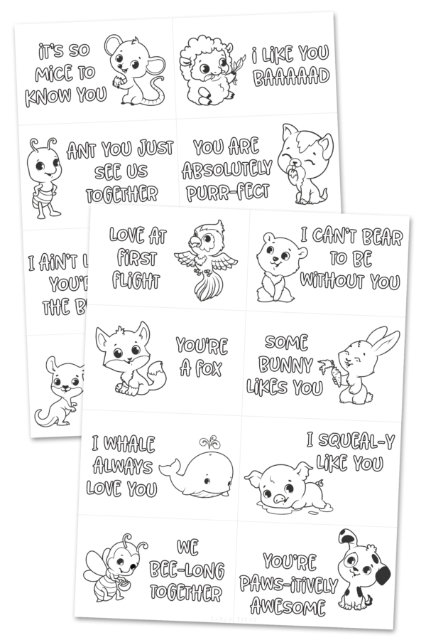Adorable Animal Pun Valentines Cards To Color Printable