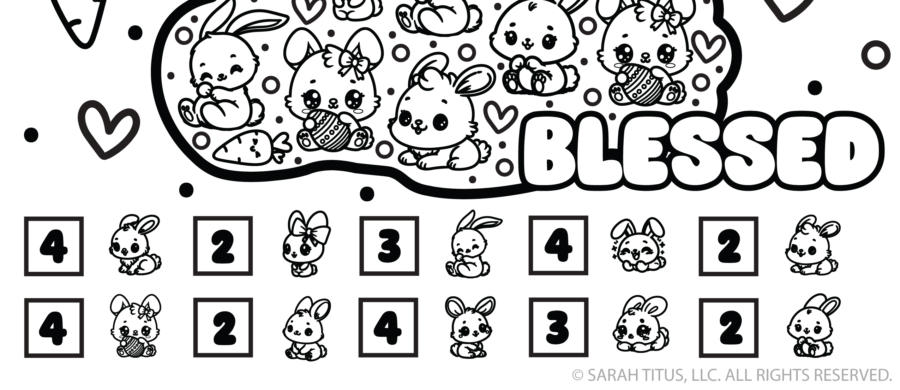 Blessed Easter I-Spy answer key printable with adorable kawaii bunnies and number count boxes, black and white