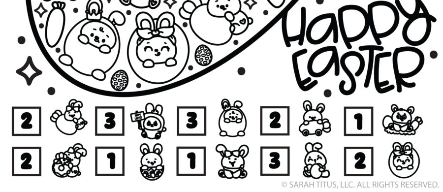 Happy Easter Bunny I-Spy answer key printable with adorable kawaii bunnies, eggs, and number count boxes, black and white