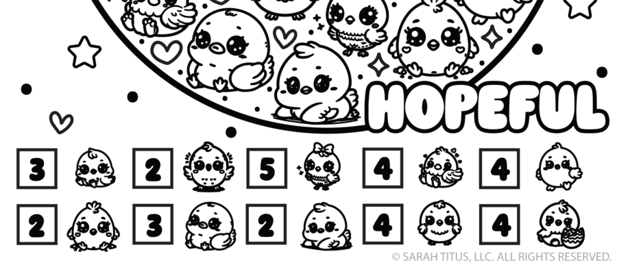 Hopeful Easter Egg I-Spy answer key printable with cute kawaii chicks and number count boxes, black and white