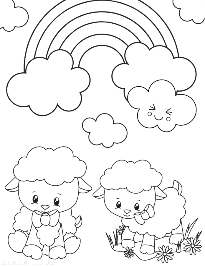 Cute lambs under rainbow with clouds Easter coloring page