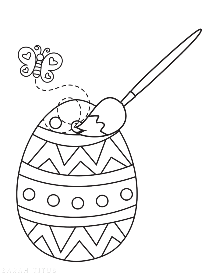 Easter egg painting coloring page with paintbrush and butterfly