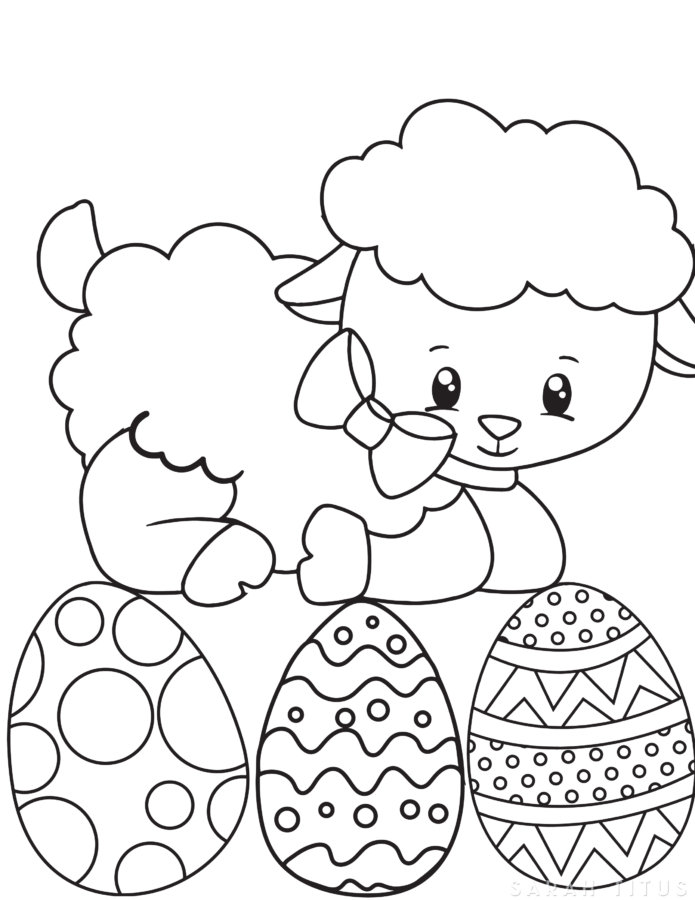 Cute lamb sitting behind decorated Easter eggs coloring page