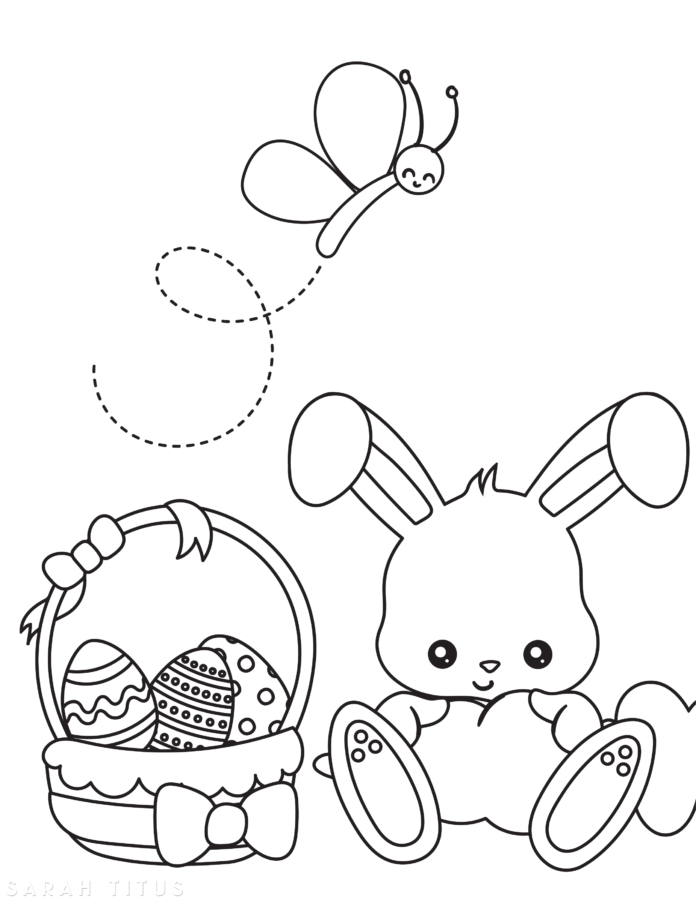 Easter bunny with basket of decorated eggs and butterfly coloring page