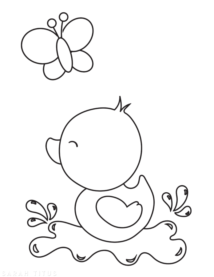 Cute baby chick splashing in water with butterfly coloring page