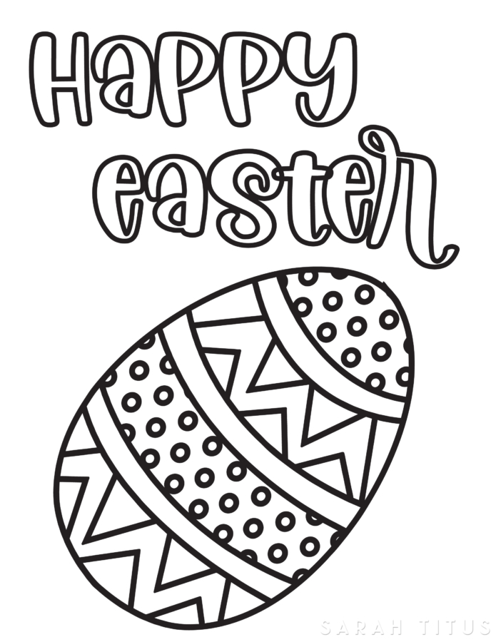 Happy Easter coloring page with geometric patterned Easter egg printable