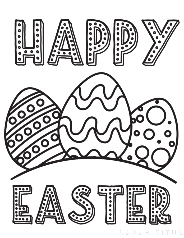 Happy Easter coloring page with three decorated Easter eggs on a hill