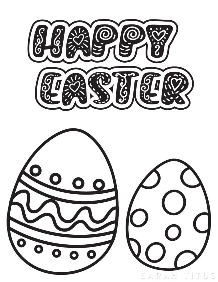 Happy Easter coloring page with decorative text and two patterned Easter eggs