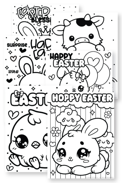 Free printable Easter coloring pages collage with cute kawaii bunny, chick, and Easter designs