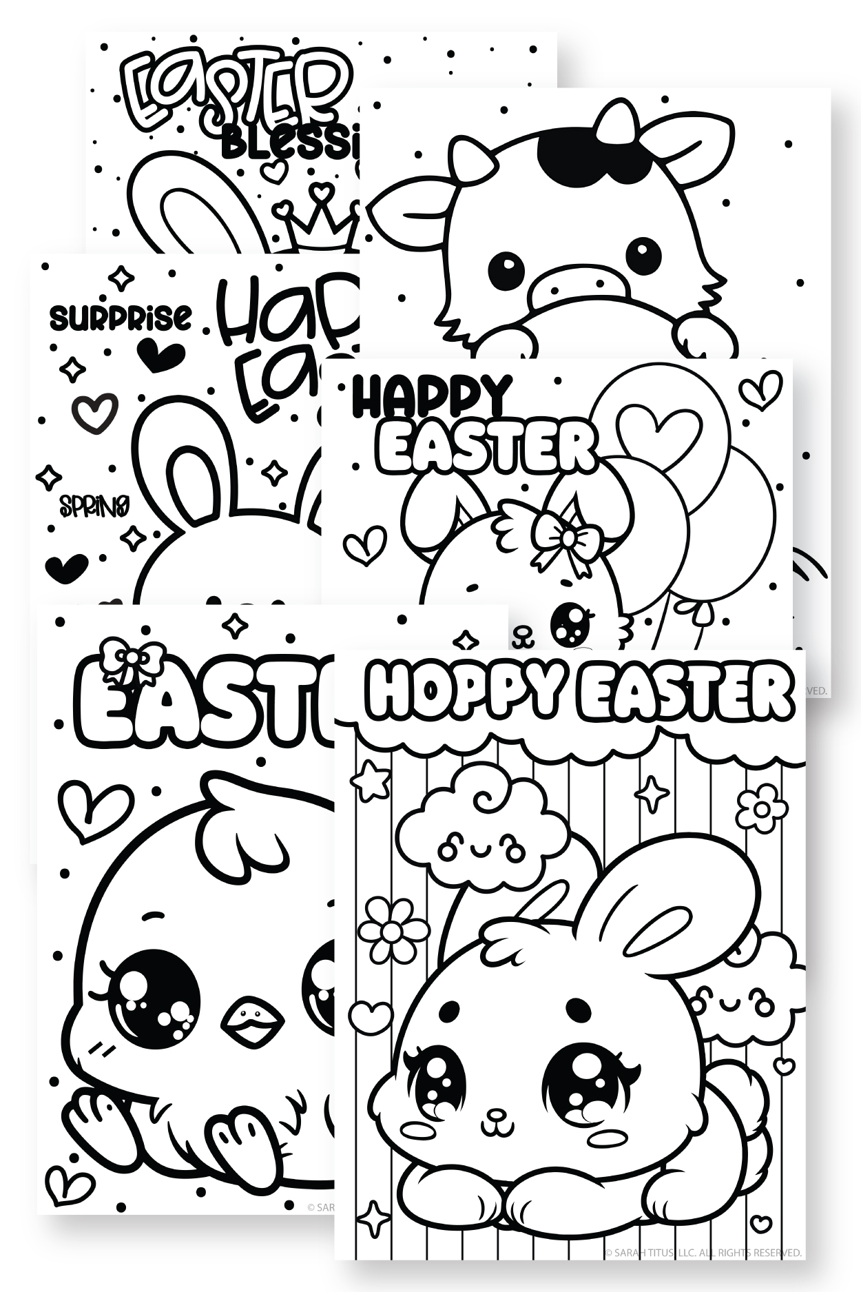 Free printable Easter coloring pages collage with cute kawaii bunny, chick, and Easter designs