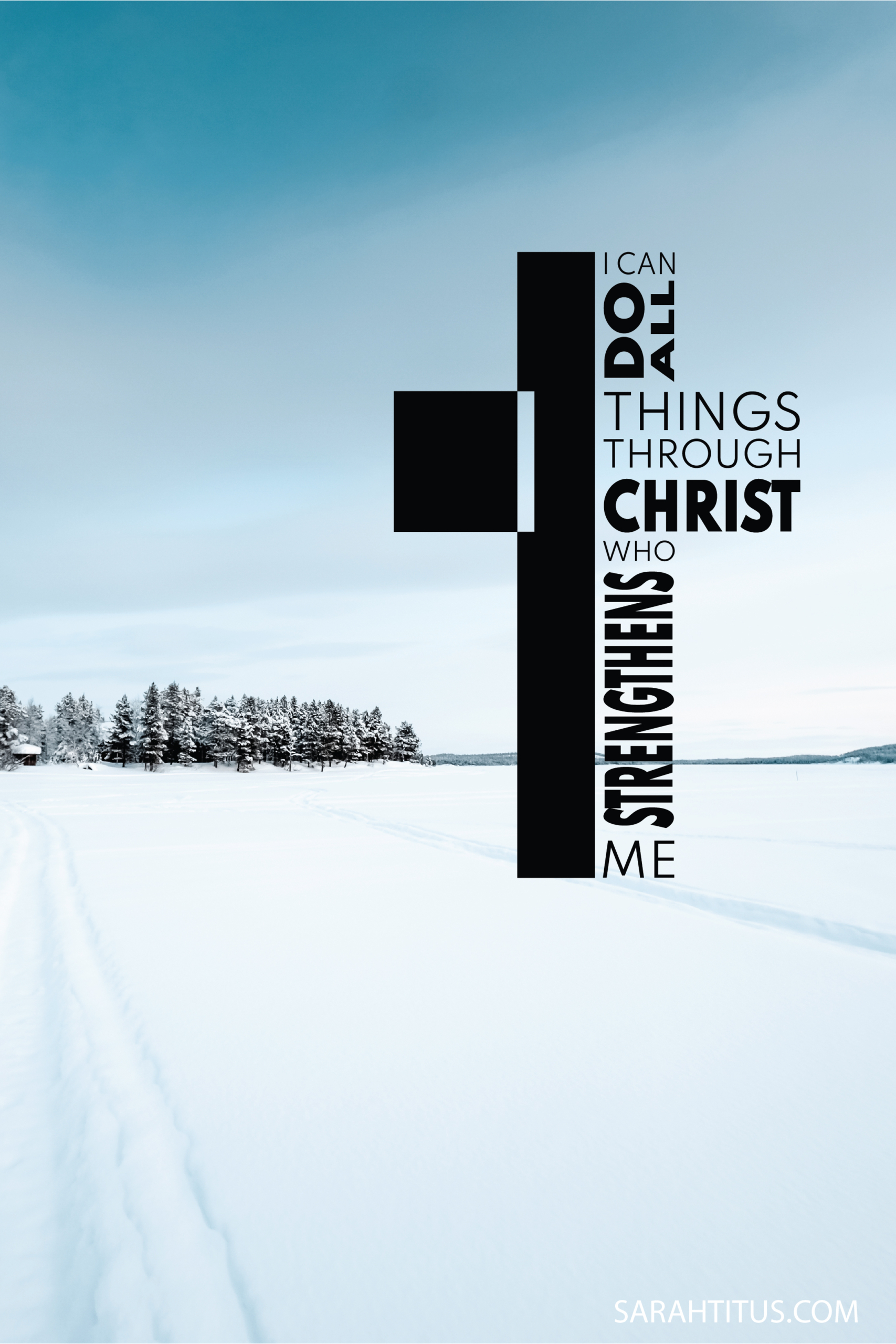 Snowy Christian Cross Philippians 4:13 Wallpaper Quote - Sarah Titus Snowy Christian Cross Philippians 4:13 Wallpaper Quote - Sarah Titus