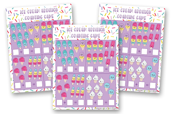 Kids Educational Activities Binder - Ice Cream Addition Counting Game