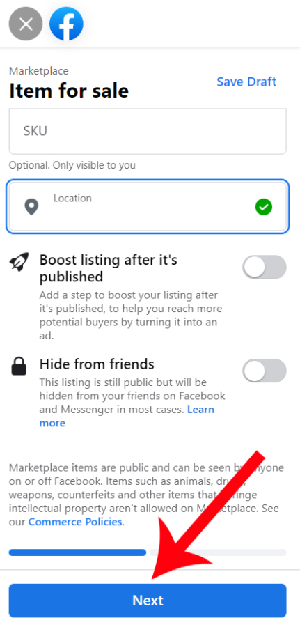 Facebook Marketplace Next Button