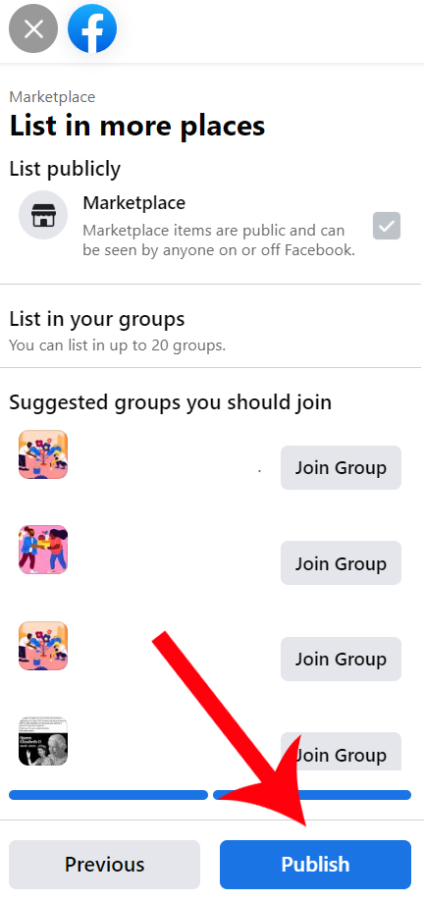 Facebook Marketplace Publish Button