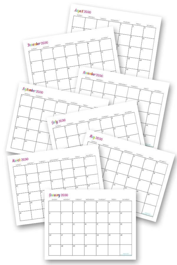 Custom Editable 2030 Free Printable Calendars