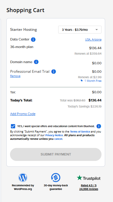 Bluehost Hosting Shopping Cart Package Details