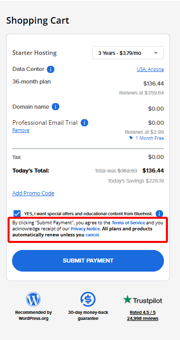 Bluehost Hosting Submit Payment Button