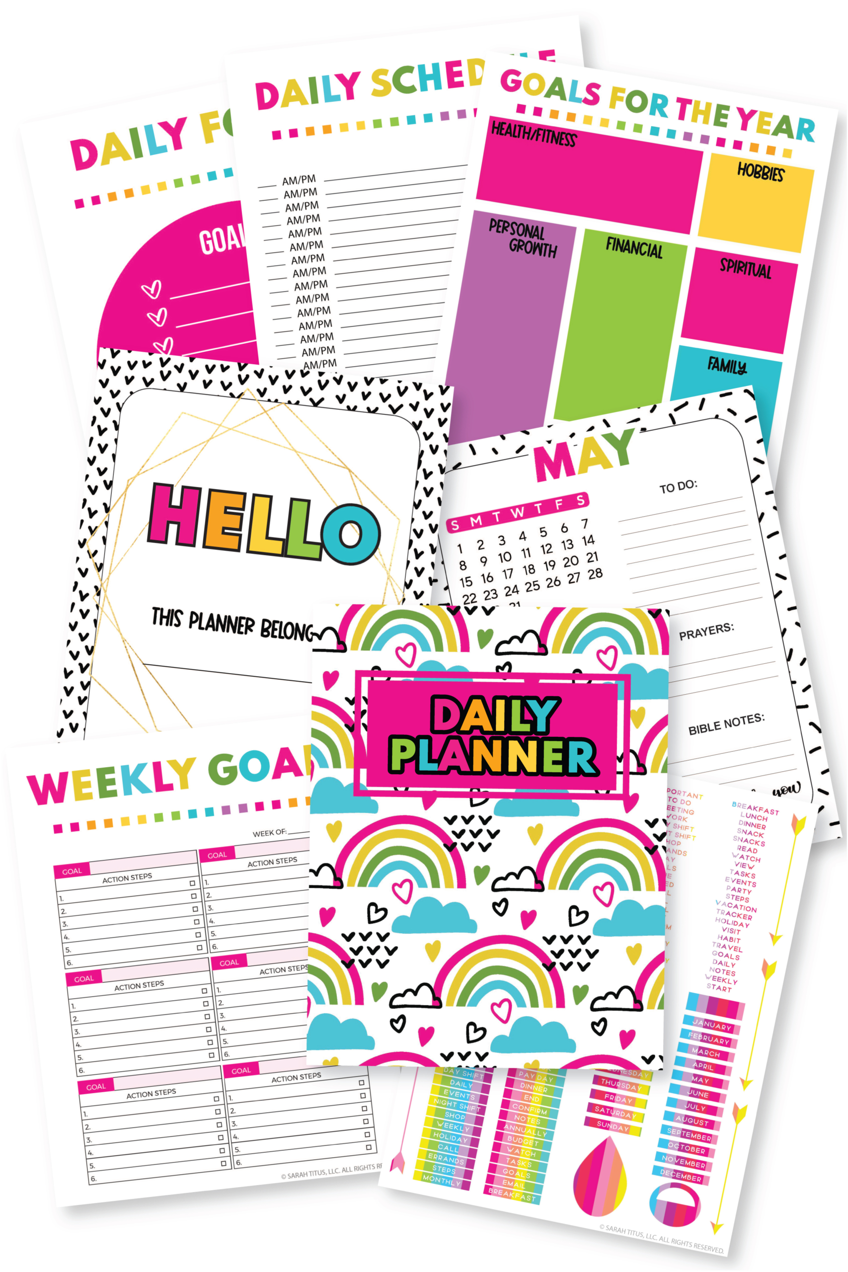 Cute rainbow daily planner printable bundle with colorful planner pages (daily schedule, weekly goals, yearly goals, monthly calendar, and planner stickers)