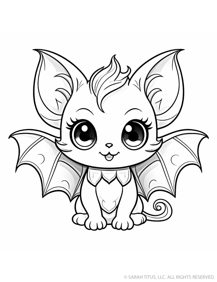 Fantasy animal coloring page with a baby dragon cat, oversized pointed ears, huge eyes, bat-like wings, chest scales and a curled spiral tail