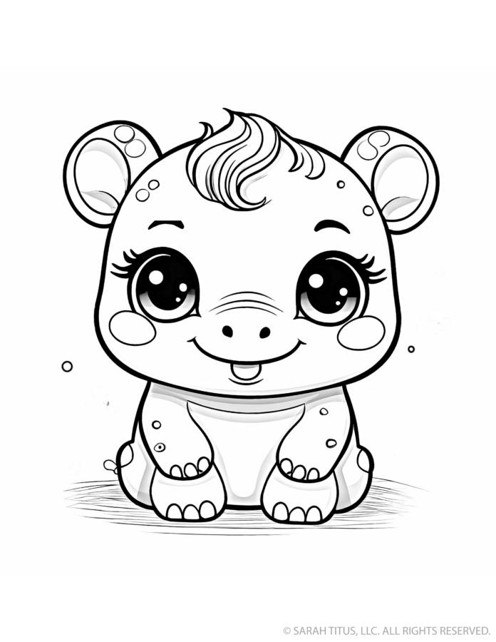 Cute hippo coloring page with a chubby seated baby hippopotamus, round ears, broad snout, little tongue, cheek patches and enormous sparkling eyes