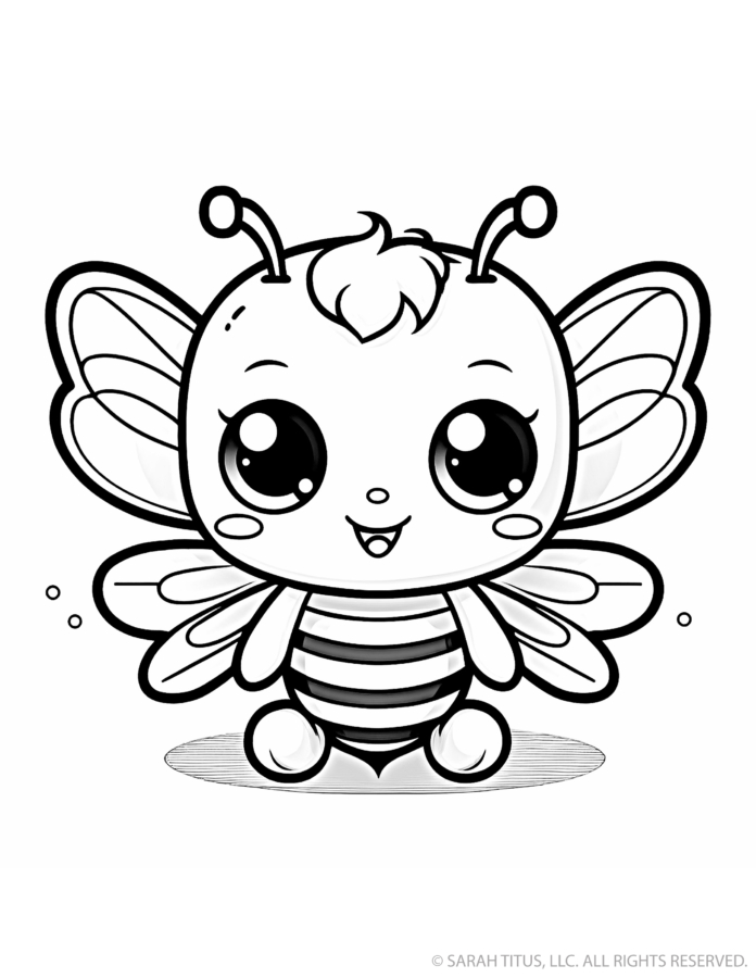 Cute bumblebee coloring page with a smiling baby bee, huge sparkling eyes, striped body, antennae and four detailed wings