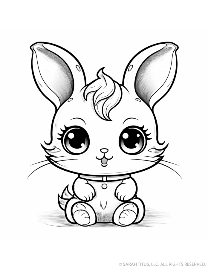Cute bunny coloring page with a seated baby rabbit, extra-long upright ears, fluffy forehead tuft, tiny front paws, whiskers and big sparkling eyes