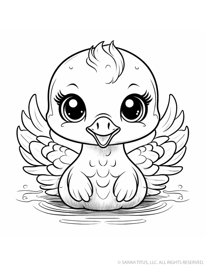 Baby duck coloring page with a smiling duckling floating in rippling water, wings spread wide, fluffy head tuft and large sparkling eyes