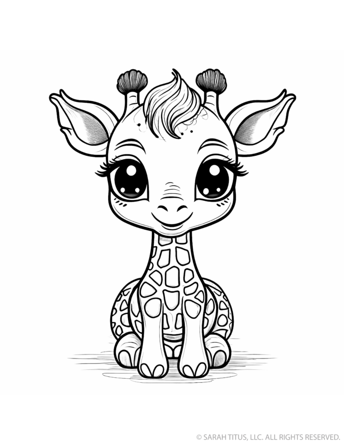 Cute giraffe coloring page with a seated baby giraffe, long patterned neck, wide ears, fuzzy ossicones, forehead tuft and enormous sparkling eyes