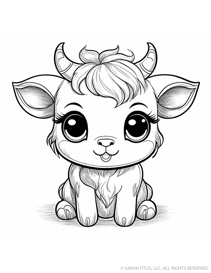 Cute baby goat coloring page with curved striped horns, wide ears, shaggy chest fur, a tousled forehead tuft and enormous sparkling eyes