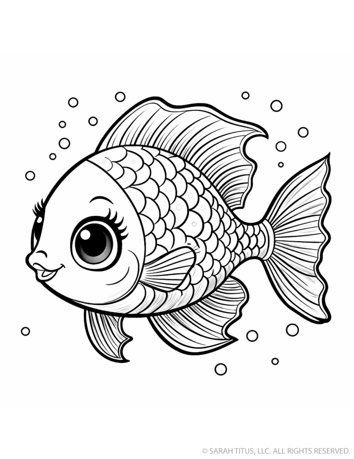Cute fish coloring page with a smiling baby goldfish, overlapping scales, large flowing fins, oversized eye and bubbles floating through the water