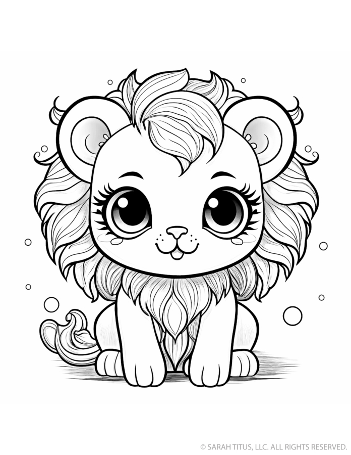 Cute lion coloring page with a seated baby lion cub, huge sparkling eyes, full layered mane, fluffy chest, curled tail and floating circles