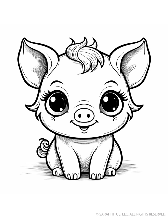Cute pig coloring page with a chubby seated piglet, round snout, oversized ears, fluffy forehead tuft, big eyes and tiny spiral tail