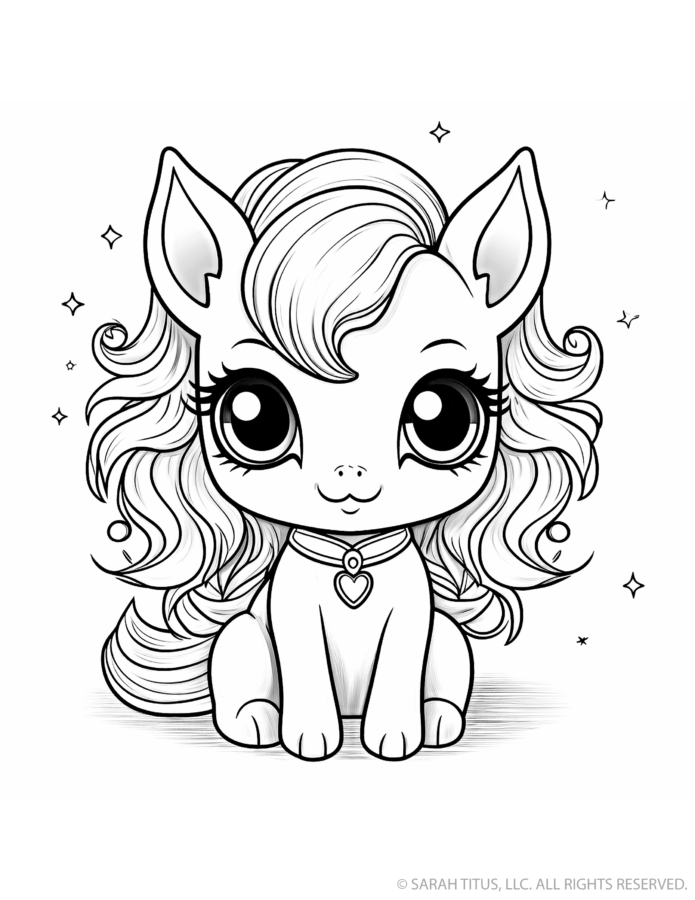 Cute pony coloring page with a seated baby horse, flowing curly mane and tail, huge sparkling eyes, heart pendant collar and tiny stars