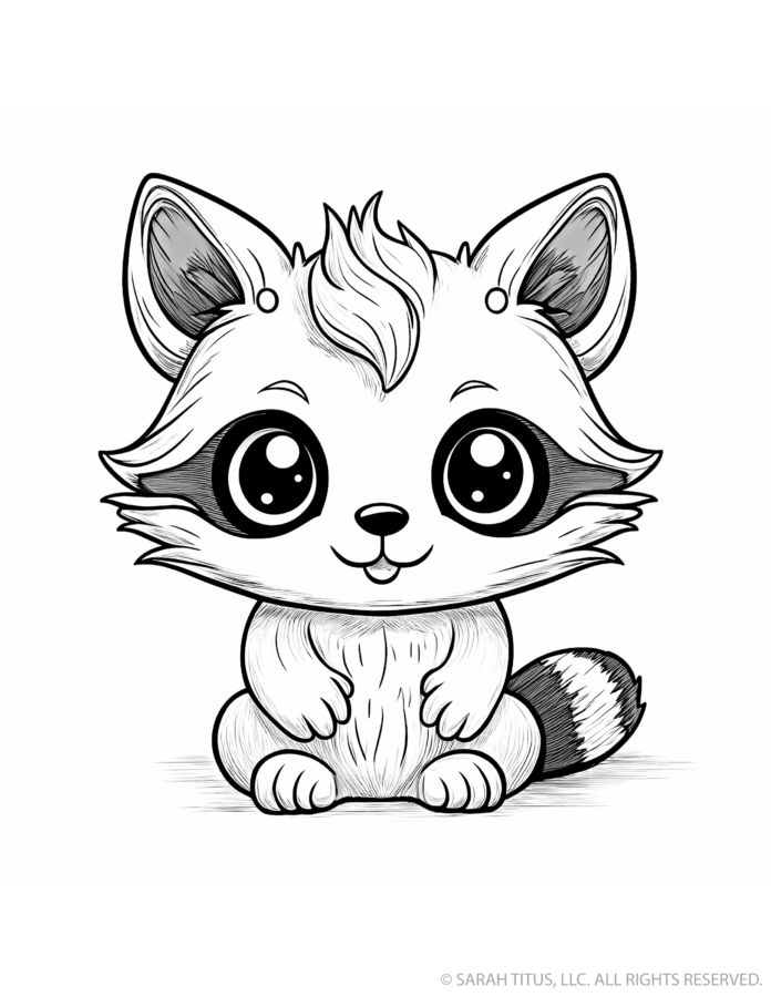 Woodland raccoon coloring page with a seated baby raccoon, pointed ears, dark eye mask, fluffy fur and a bold striped tail